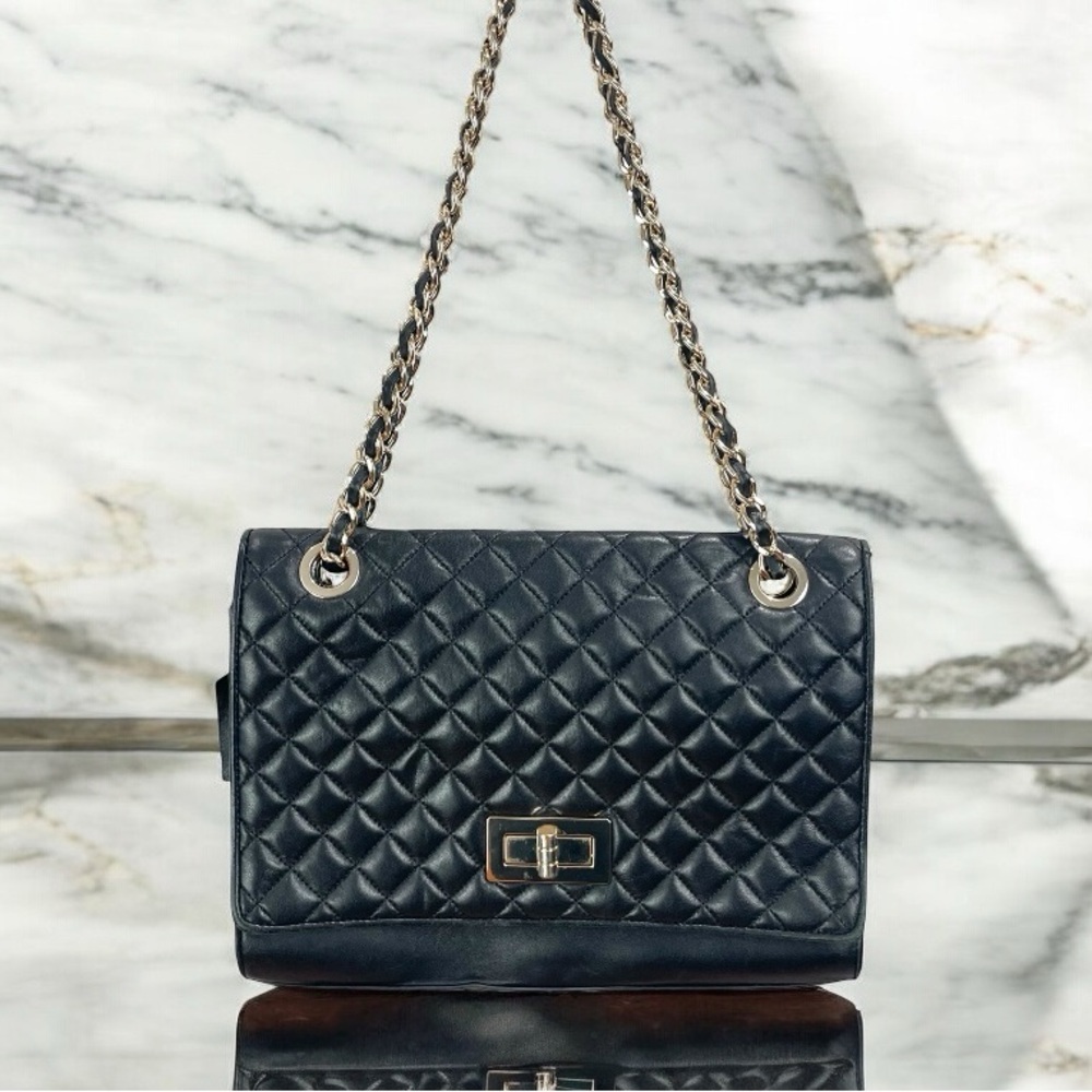 ** Danier Black Leather Quilted Flap and Chain Strap Shoulder Bag